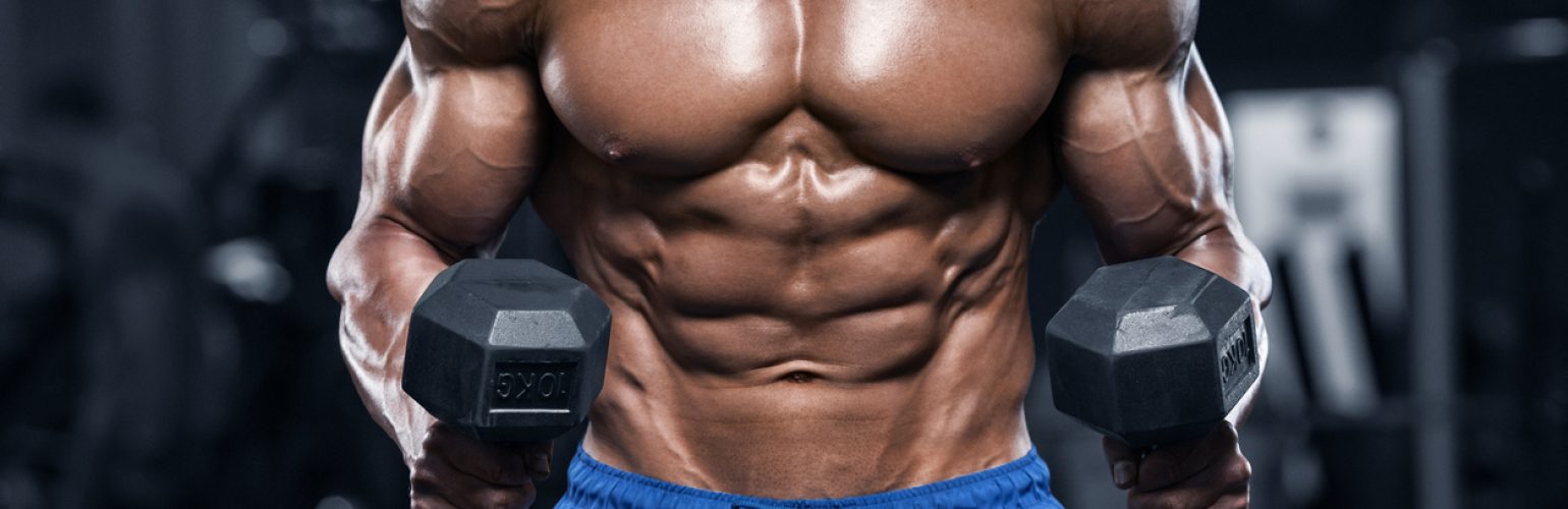 Muscular man working out in gym, strong male torso abs